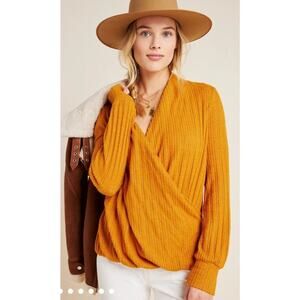 Anthropologie Maeve Rafela Hacci Women Orange Top Wrap Blouse Size S Long Sleeve